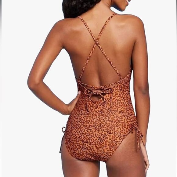 NWOT Shade & Shore One Piece Side Tie Plunge Leopard Print Swimsuit - Picture 4 of 16